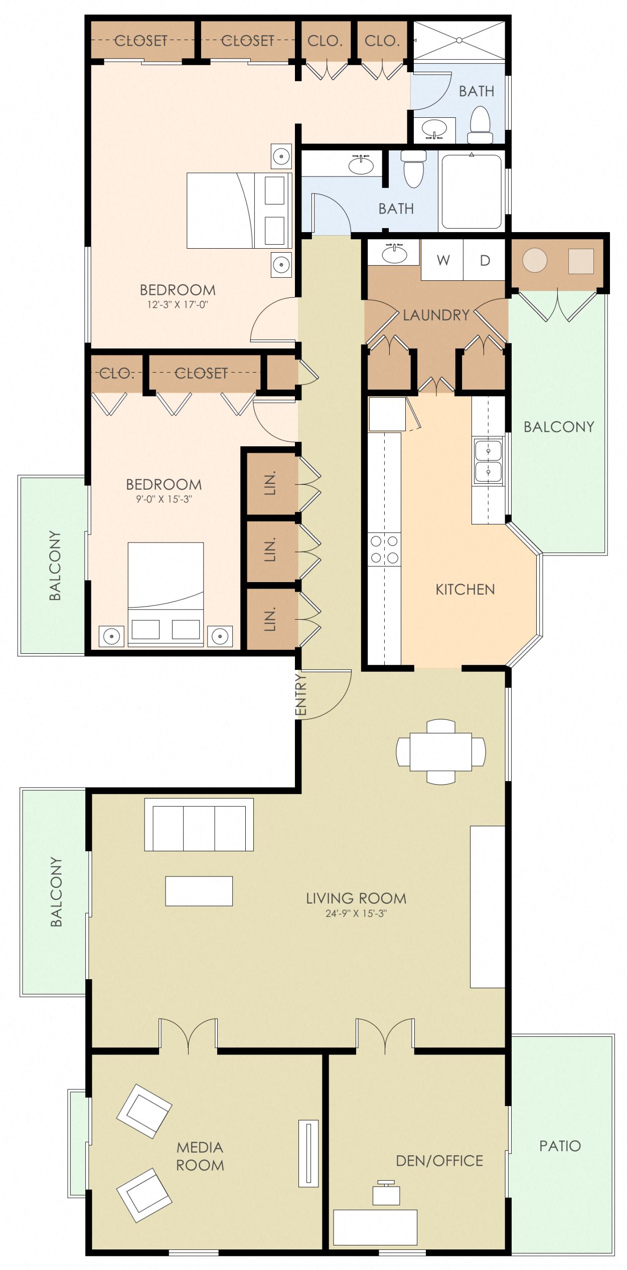 Floor plan for 4 beds, 2 baths, 1733 sqft